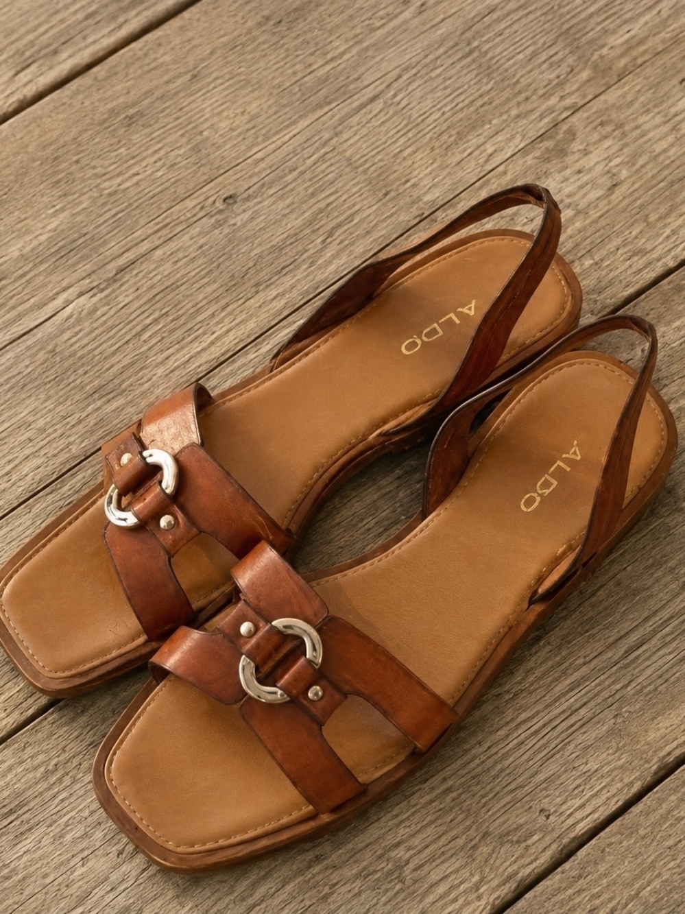 ALDO FANDRA Tan Brown Leather Slingback Sandals with Gold Buckle